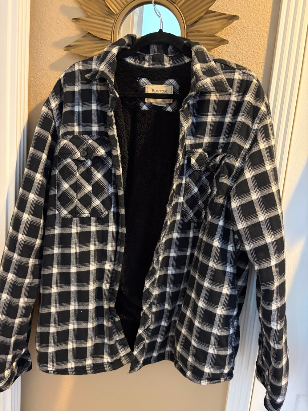 Boston Traders Men’s Black and White Flannel Sherpa Button Up Jacket XXL